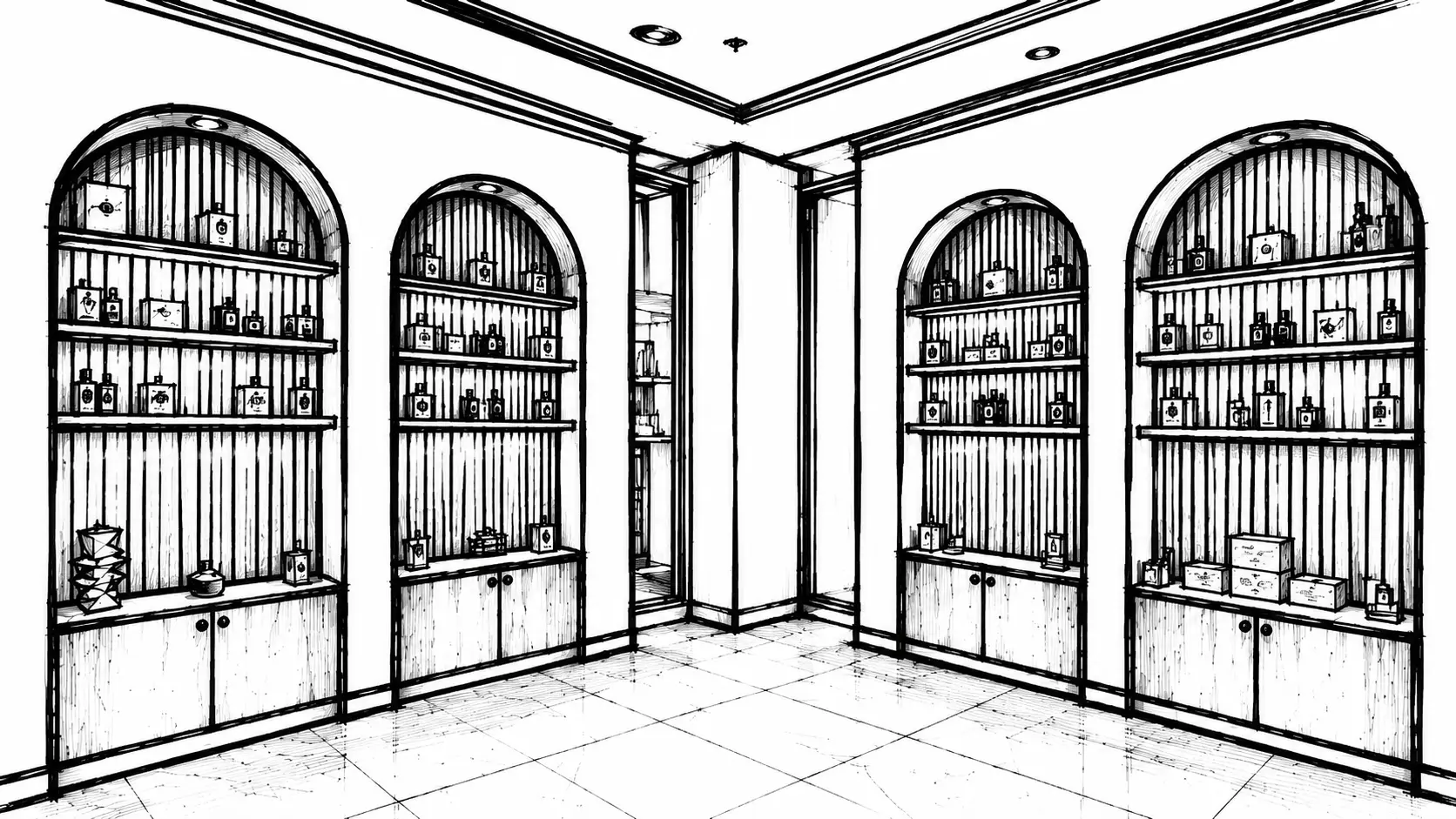 Showroom SENTEUR PARIS — croquis architectural intérieur